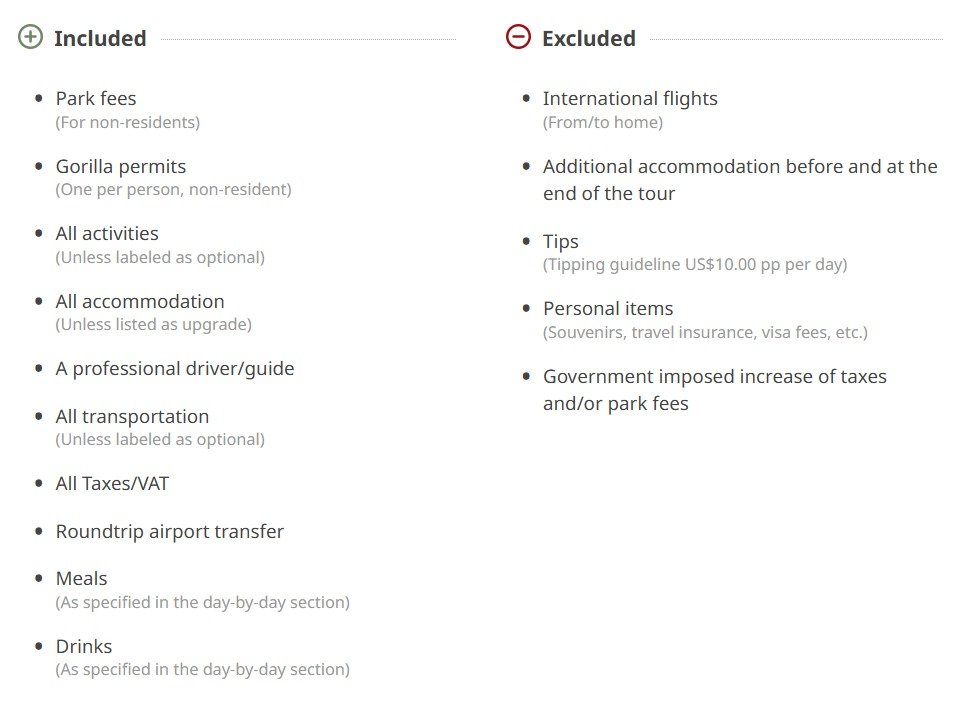 Inclusions and Exlusions for 7 Day Uganda Primate and Wildlife Safari in Uganda